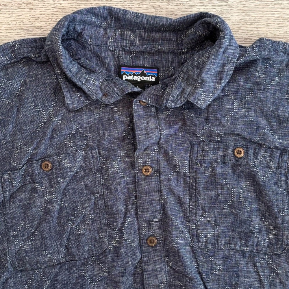 Patagonia Button Down Shirt Mens Large Blue Hemp Cotton Geometric Outdoor Casual